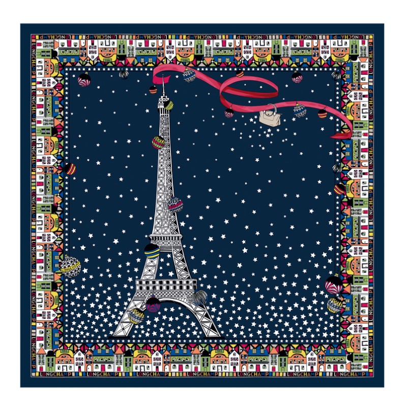 CARRÉ DE SOIE 50CM TOUR EIFFEL NOËL LONGCHAMP MARINE